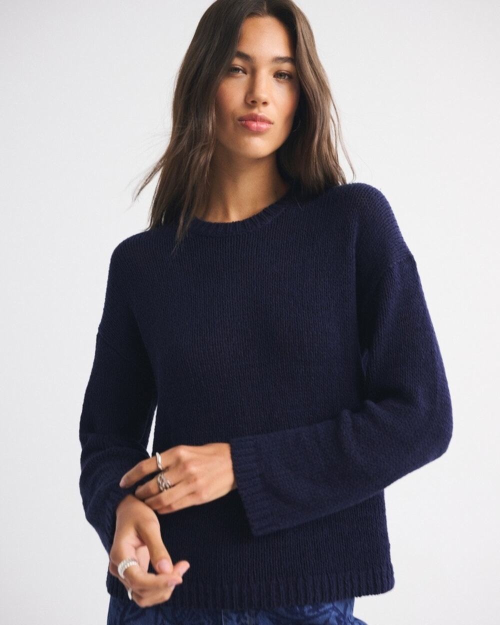 NWT Abercrombie & Fitch Navy Blue Open Stitch Crewneck Sweater Small Textured